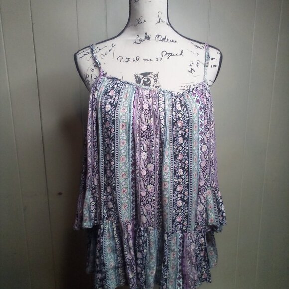 Altar'd State Blouse M Cut-Out Short Bell Sleeve Flowing Floral Colorful - Picture 14 of 15